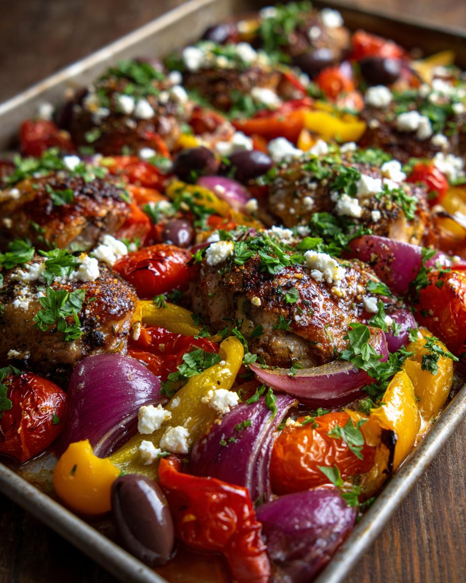 Close-up of a sheet pan filled with Sheet Pan Mediterranean Chicken, roasted vegetables, olives, and feta cheese.
