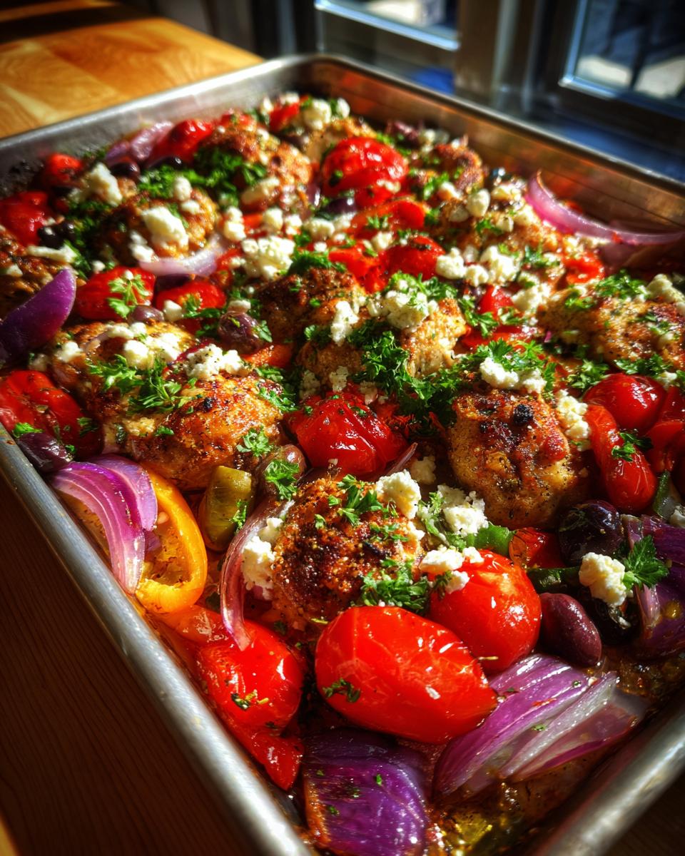 A close-up of Sheet Pan Mediterranean Chicken baked with cherry tomatoes, red onion, olives, and feta cheese.