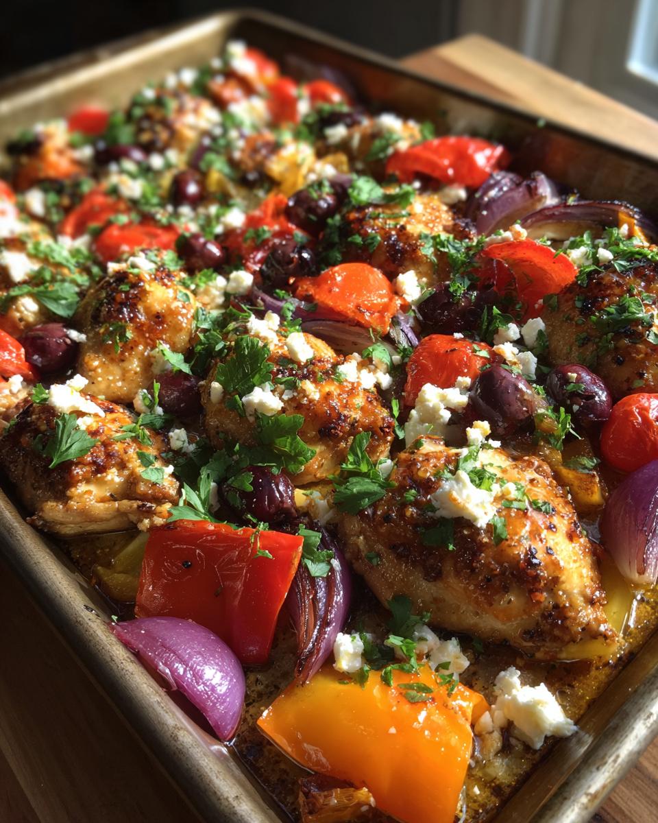 Close-up of a sheet pan filled with Sheet Pan Mediterranean Chicken, roasted vegetables, olives, and crumbled feta cheese.