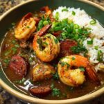 A close-up of a bowl of shrimp and sausage gumbo, featuring plump shrimp, sliced sausage, and rice, garnished with green onions.