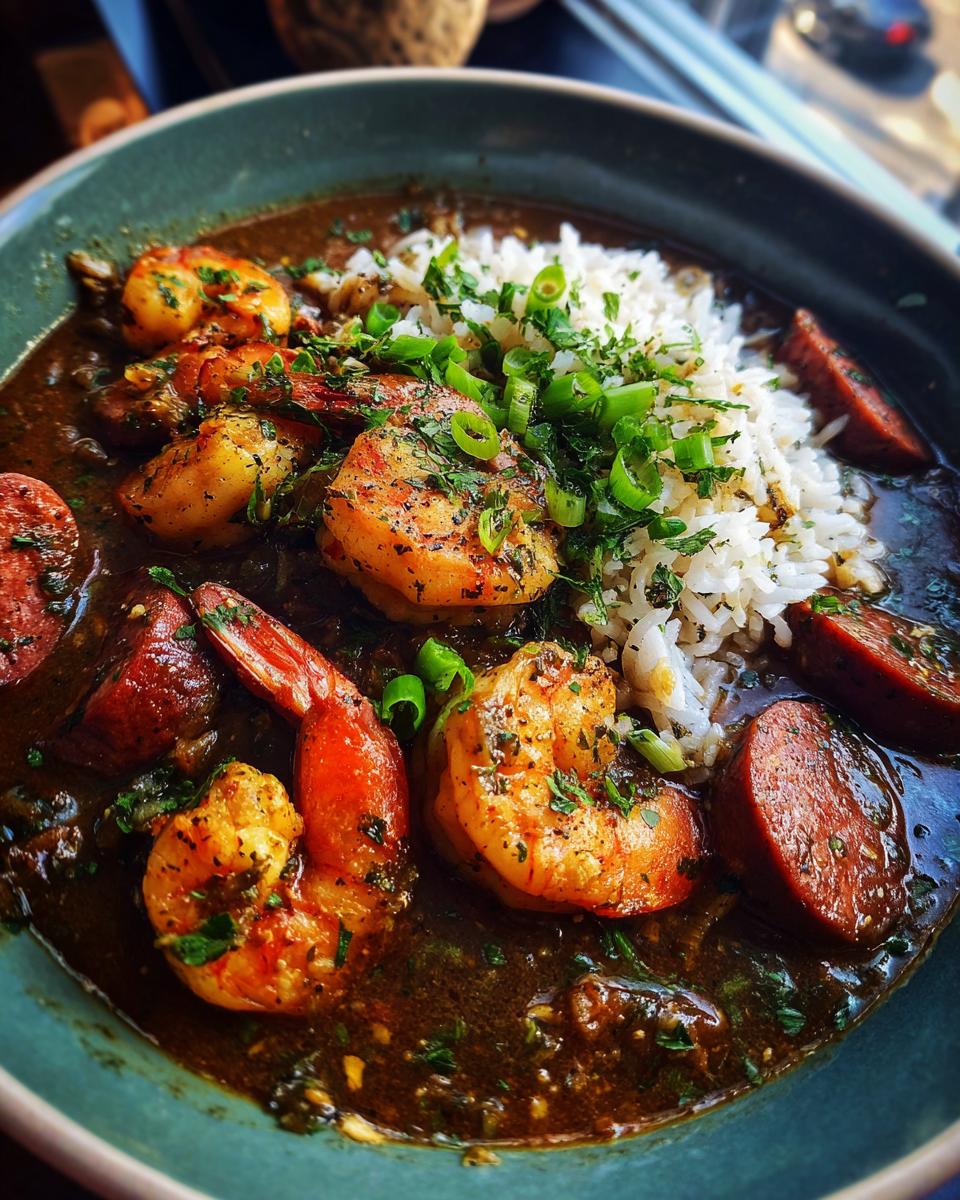 A close-up of a hearty bowl of shrimp and sausage gumbo, topped with rice, green onions, and parsley.