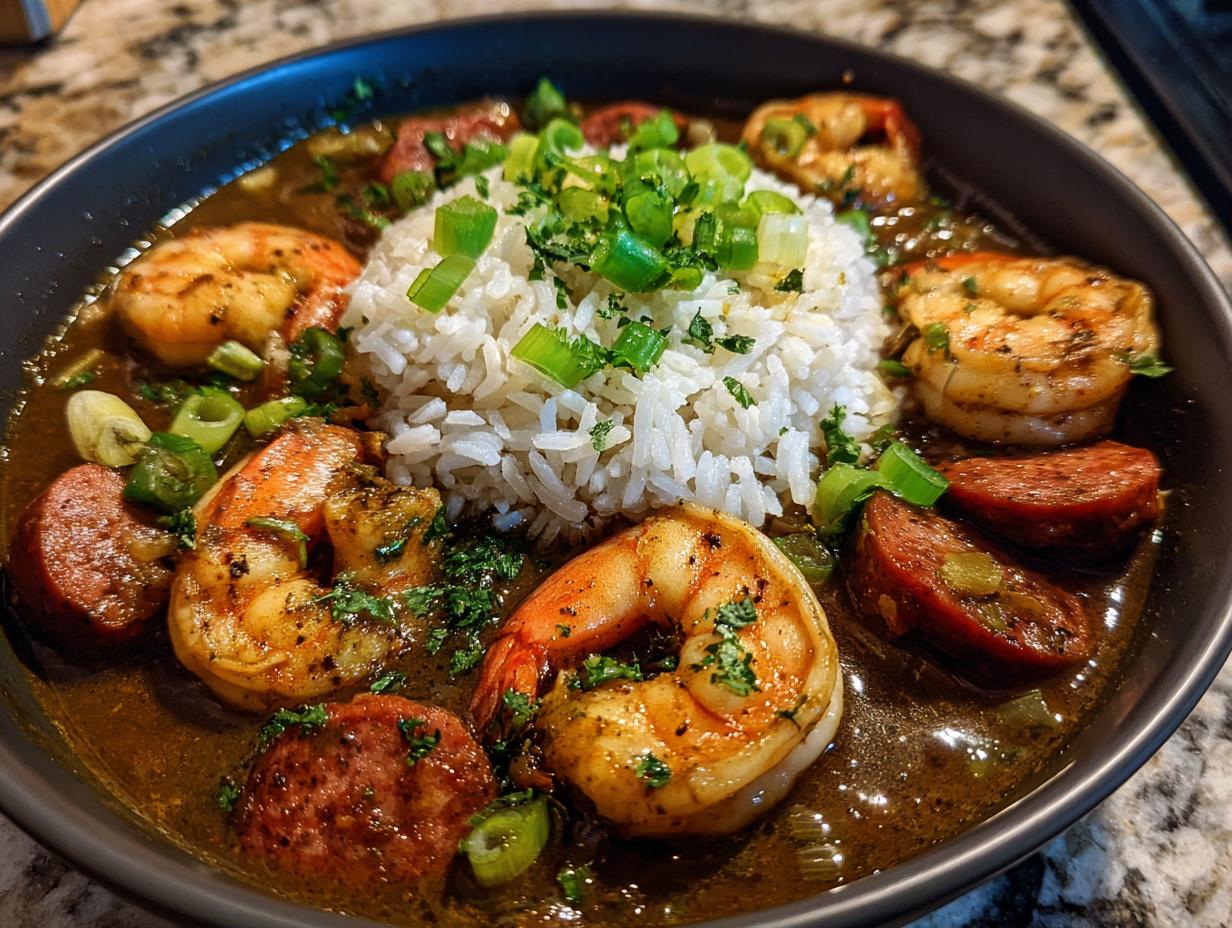 A close-up of a hearty bowl of shrimp and sausage gumbo, featuring plump shrimp, sliced sausage, and a mound of white rice, garnished with green onions.