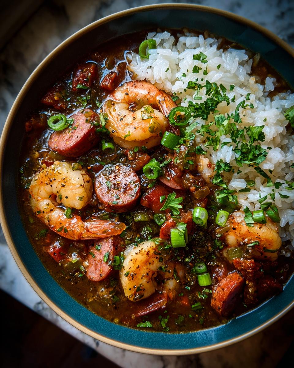 A close-up overhead view of a hearty bowl of shrimp and sausage gumbo served with white rice and garnished with green onions and parsley.