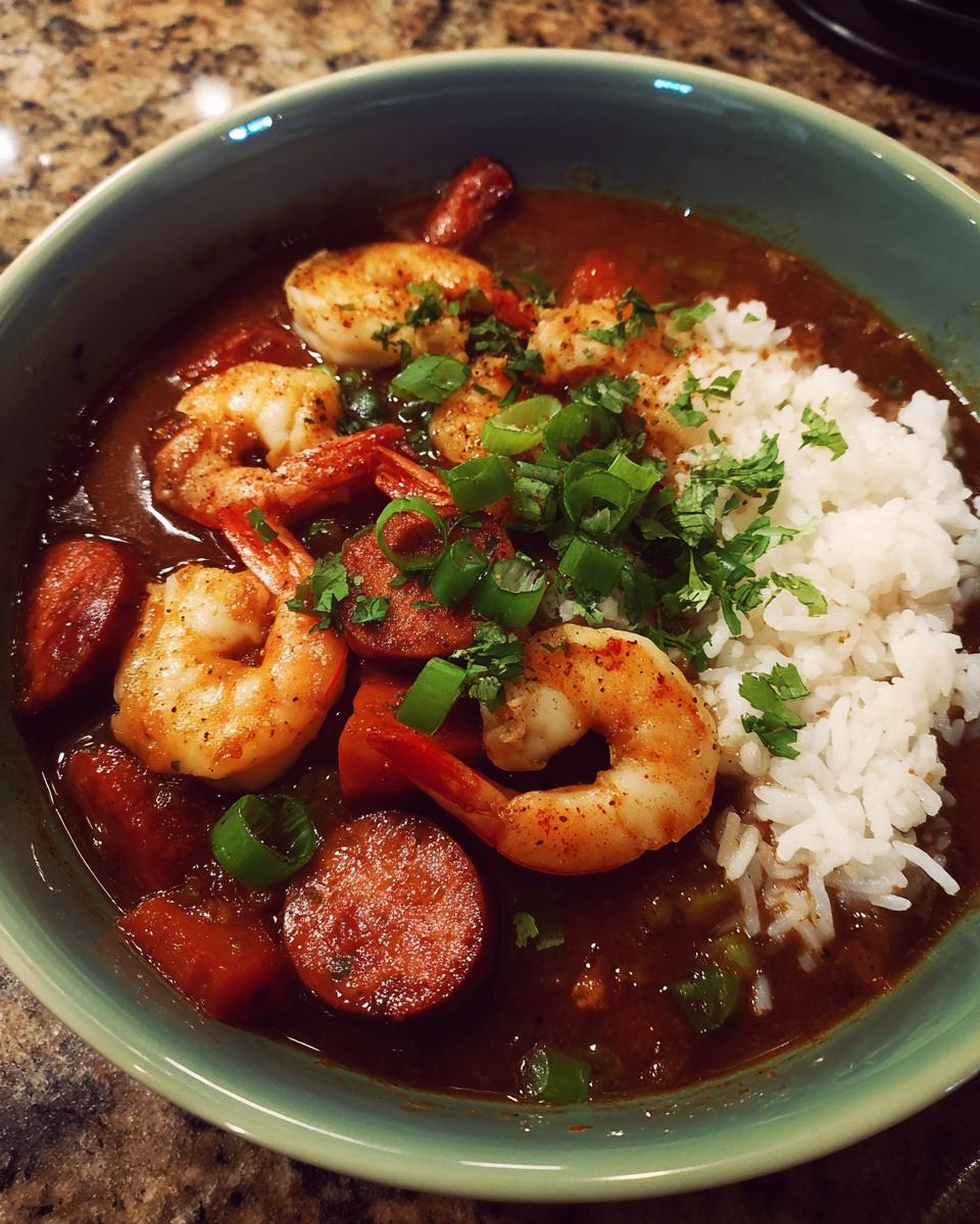 A close-up of a bowl of shrimp and sausage gumbo, served with white rice and garnished with green onions.