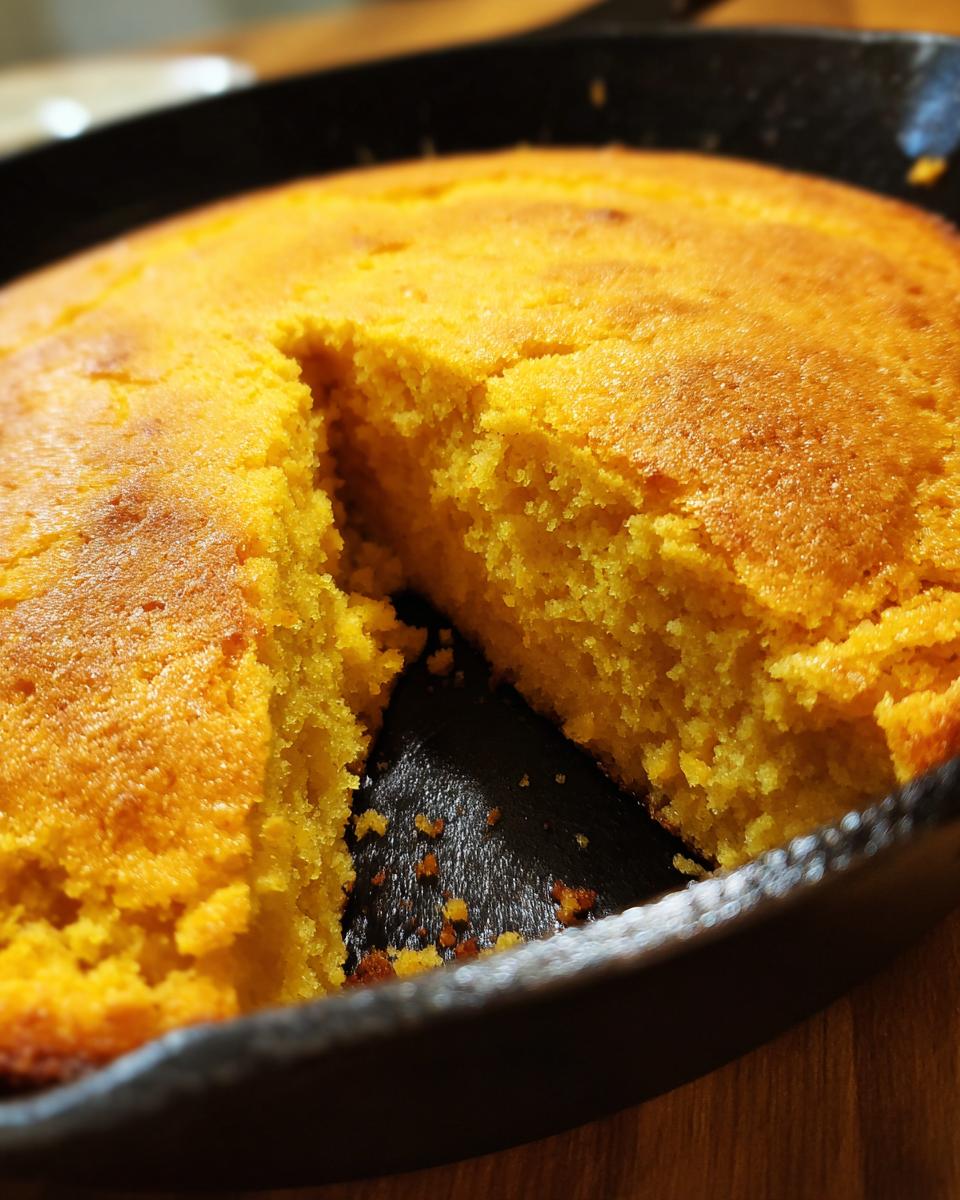 A golden-brown cornbread baked in a cast-iron skillet, with a slice removed.