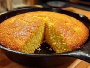 A golden-brown cornbread baked in a cast-iron skillet, with a slice removed to show the texture.
