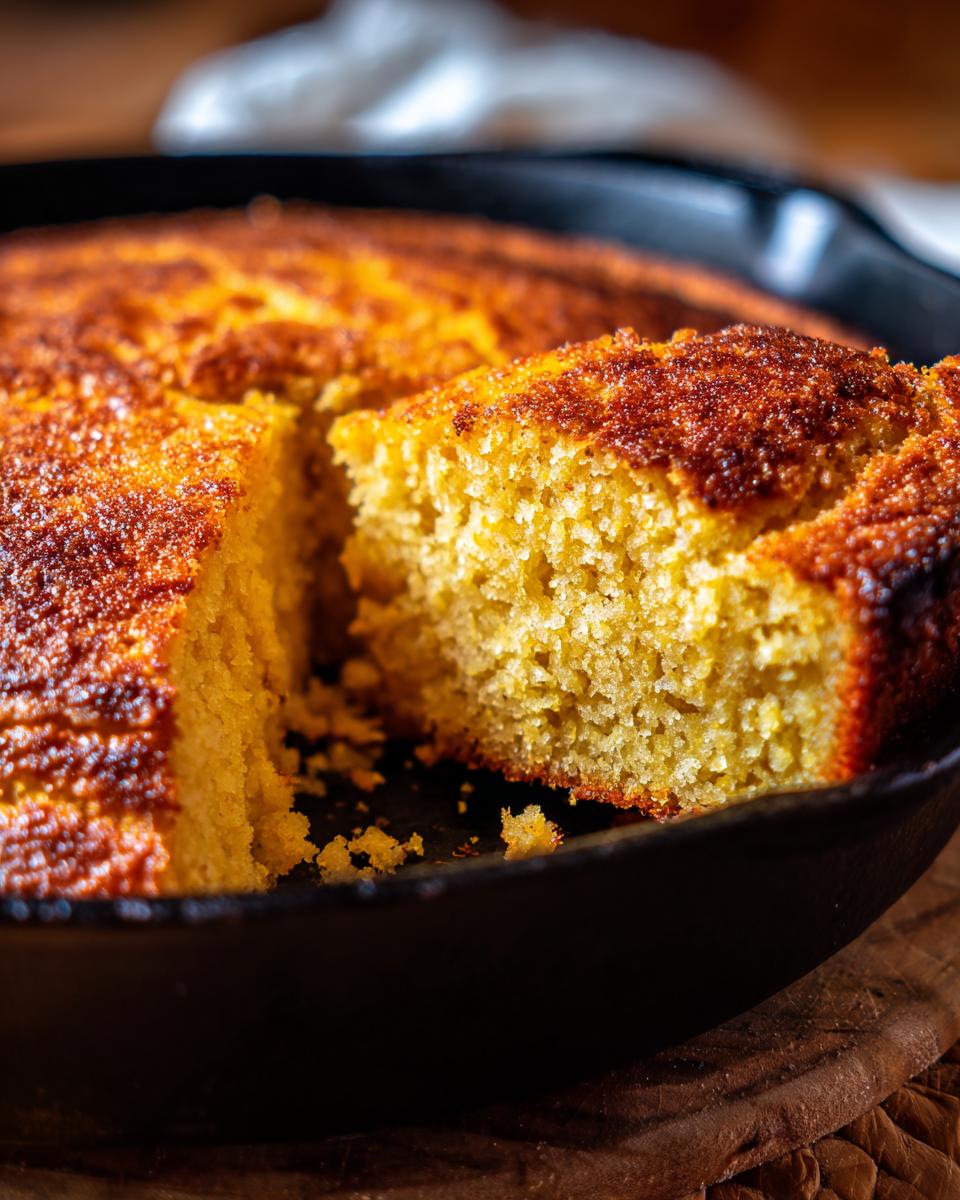 A close-up of a golden slice of cornbread in a cast iron skillet, showing its crumbly texture.