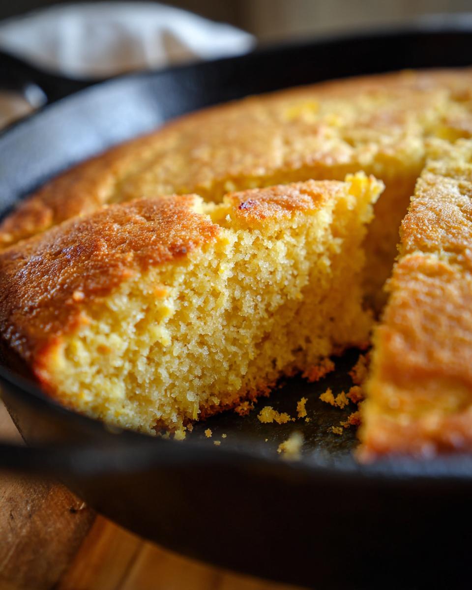 Close-up of a golden slice of cornbread in a cast iron skillet, showcasing its crumbly texture.