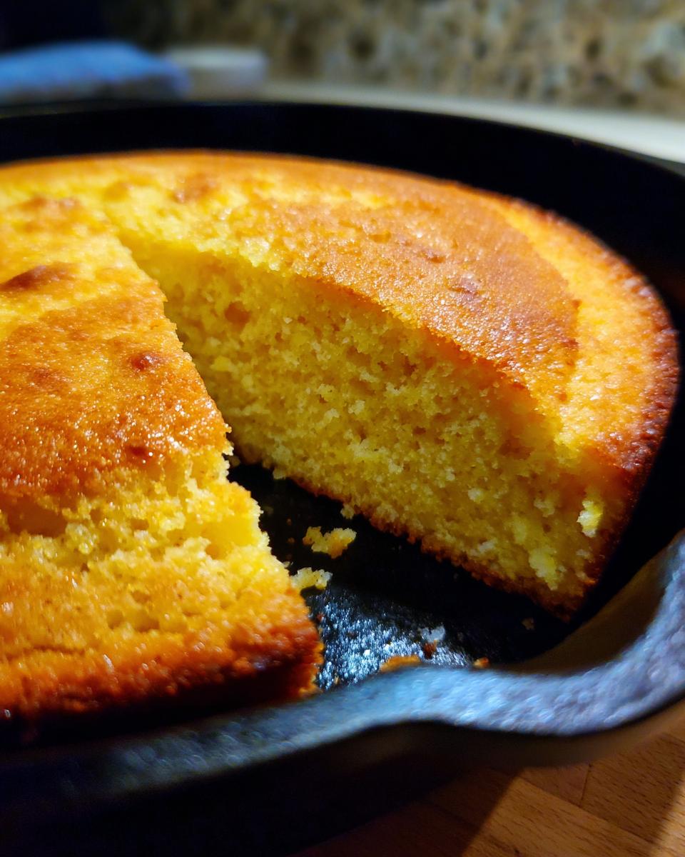 A close-up of a golden cornbread slice in a black skillet, showing its moist texture.