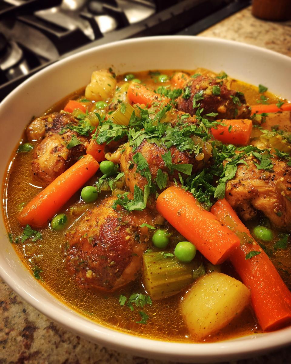 A close-up of a bowl filled with hearty slow cooker chicken stew, featuring tender chicken pieces, carrots, peas, celery, and potatoes, garnished with fresh parsley.