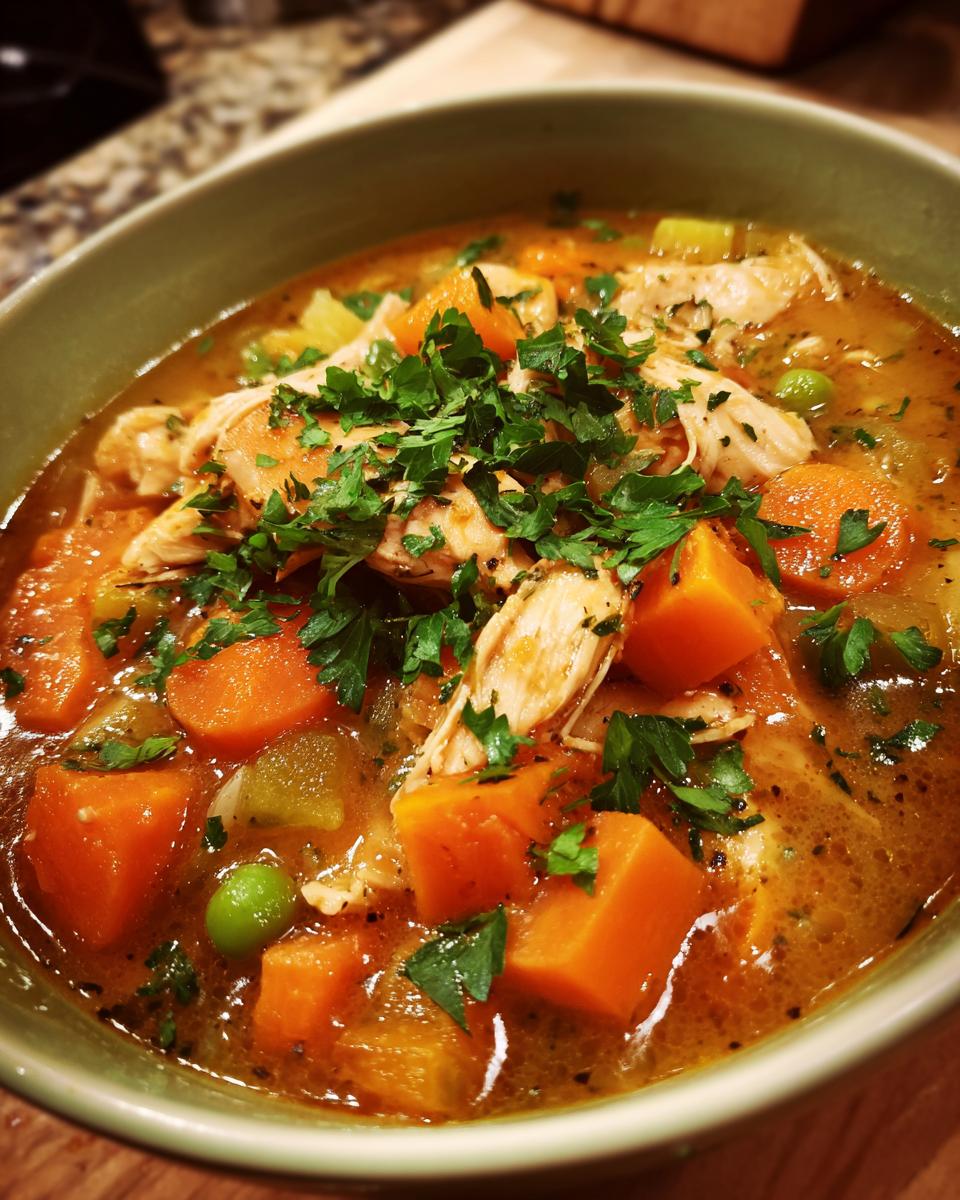 A close-up of a bowl of hearty slow cooker chicken stew, filled with shredded chicken, carrots, peas, and herbs.