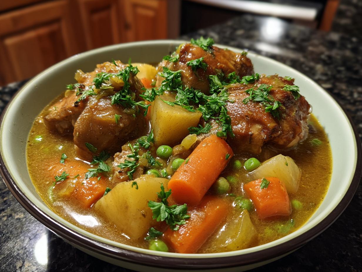 A comforting bowl of slow cooker chicken stew with tender chicken pieces, carrots, potatoes, and peas, garnished with parsley.