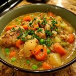 A close-up of a bowl filled with hearty slow cooker chicken stew, featuring tender chicken, carrots, peas, and potatoes, garnished with parsley.