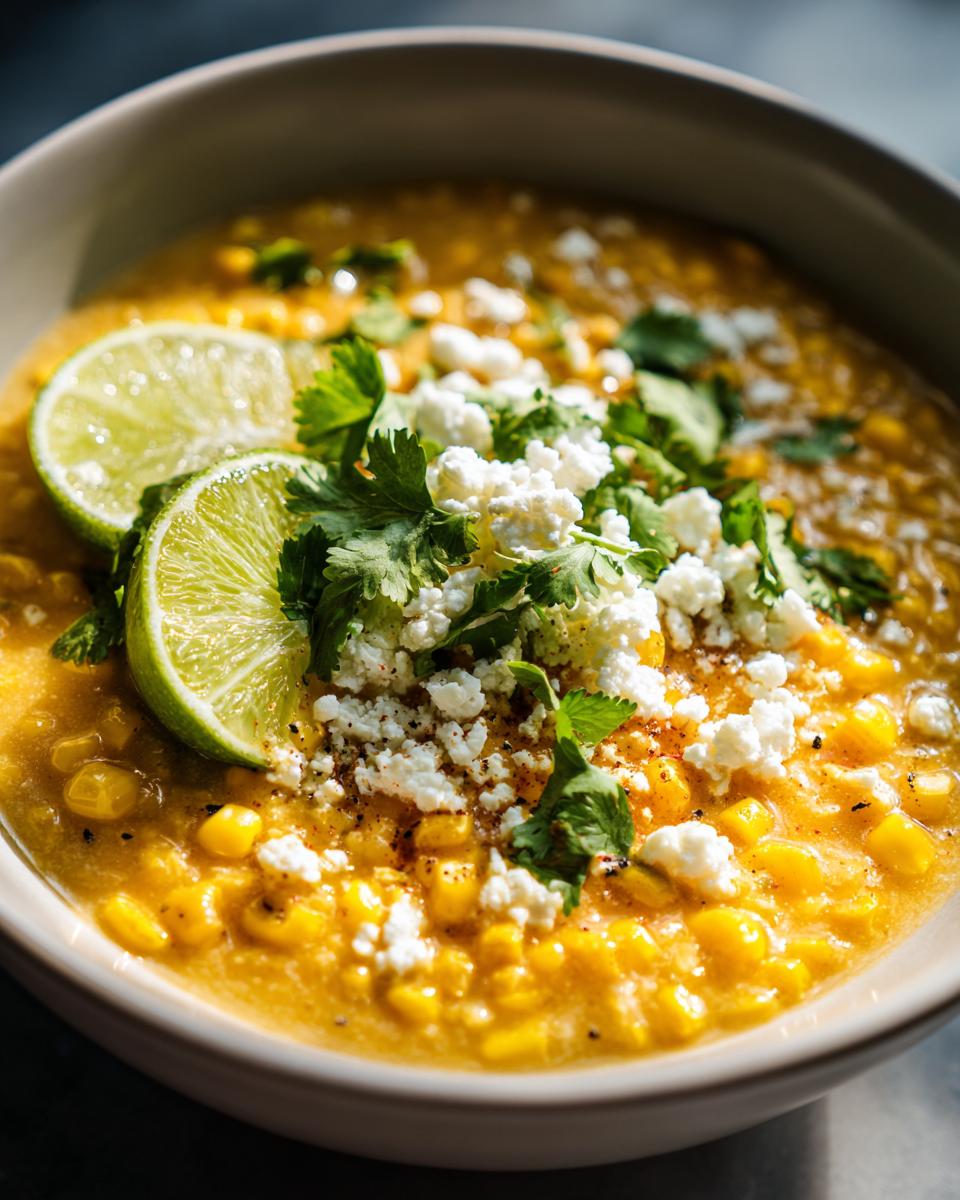A close-up of a bowl of Slow Cooker Mexican Street Corn Soup, topped with crumbled feta cheese, fresh cilantro, and lime wedges.
