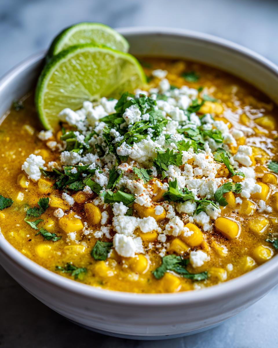 A close-up of a bowl of Slow Cooker Mexican Street Corn Soup topped with crumbled cotija cheese, cilantro, and lime wedges.
