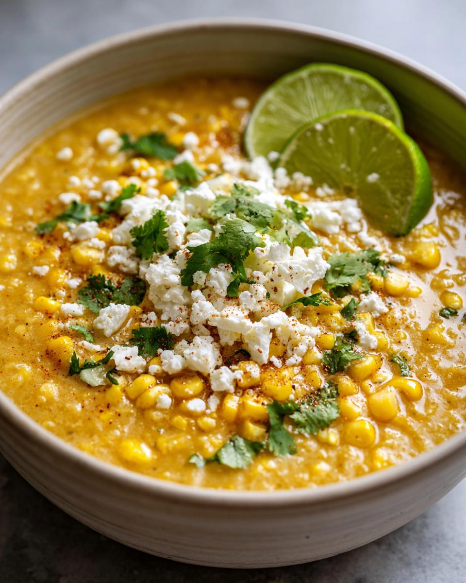 A close-up of a bowl of Slow Cooker Mexican Street Corn Soup, topped with crumbled cheese, cilantro, and lime wedges.