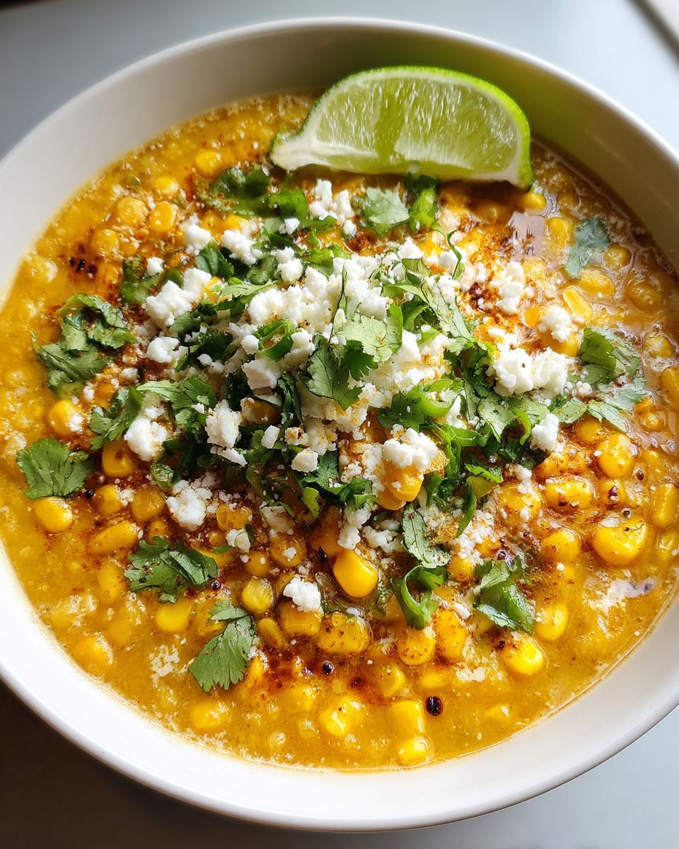 A close-up of a bowl of Slow Cooker Mexican Street Corn Soup, topped with crumbled cheese, cilantro, and a lime wedge.