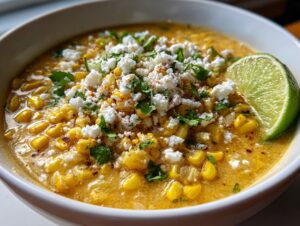 A close-up of a bowl of Slow Cooker Mexican Street Corn Soup, topped with crumbled cheese, cilantro, and a lime wedge.