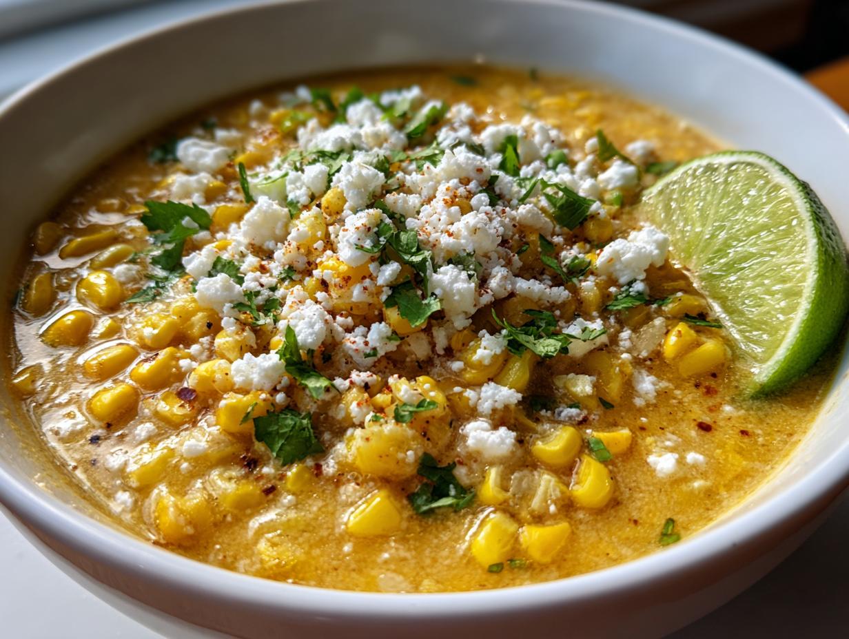 A close-up of a bowl of Slow Cooker Mexican Street Corn Soup, topped with crumbled cheese, cilantro, and a lime wedge.