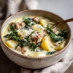 A close-up of a bowl of slow cooker zuppa toscana with sausage, kale, and potatoes, topped with parmesan cheese.