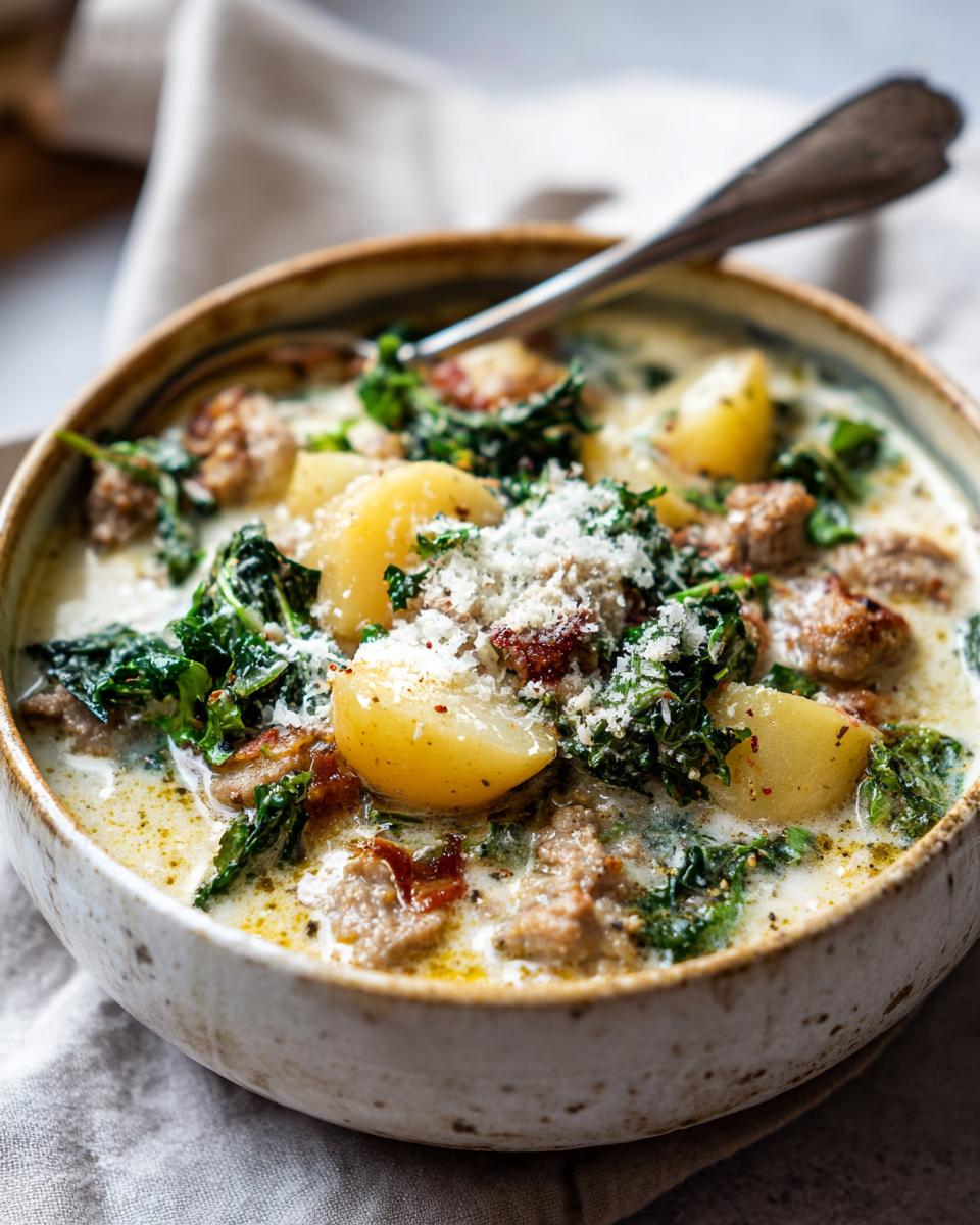 A hearty bowl of slow cooker zuppa toscana with sausage, potatoes, kale, and topped with grated cheese.