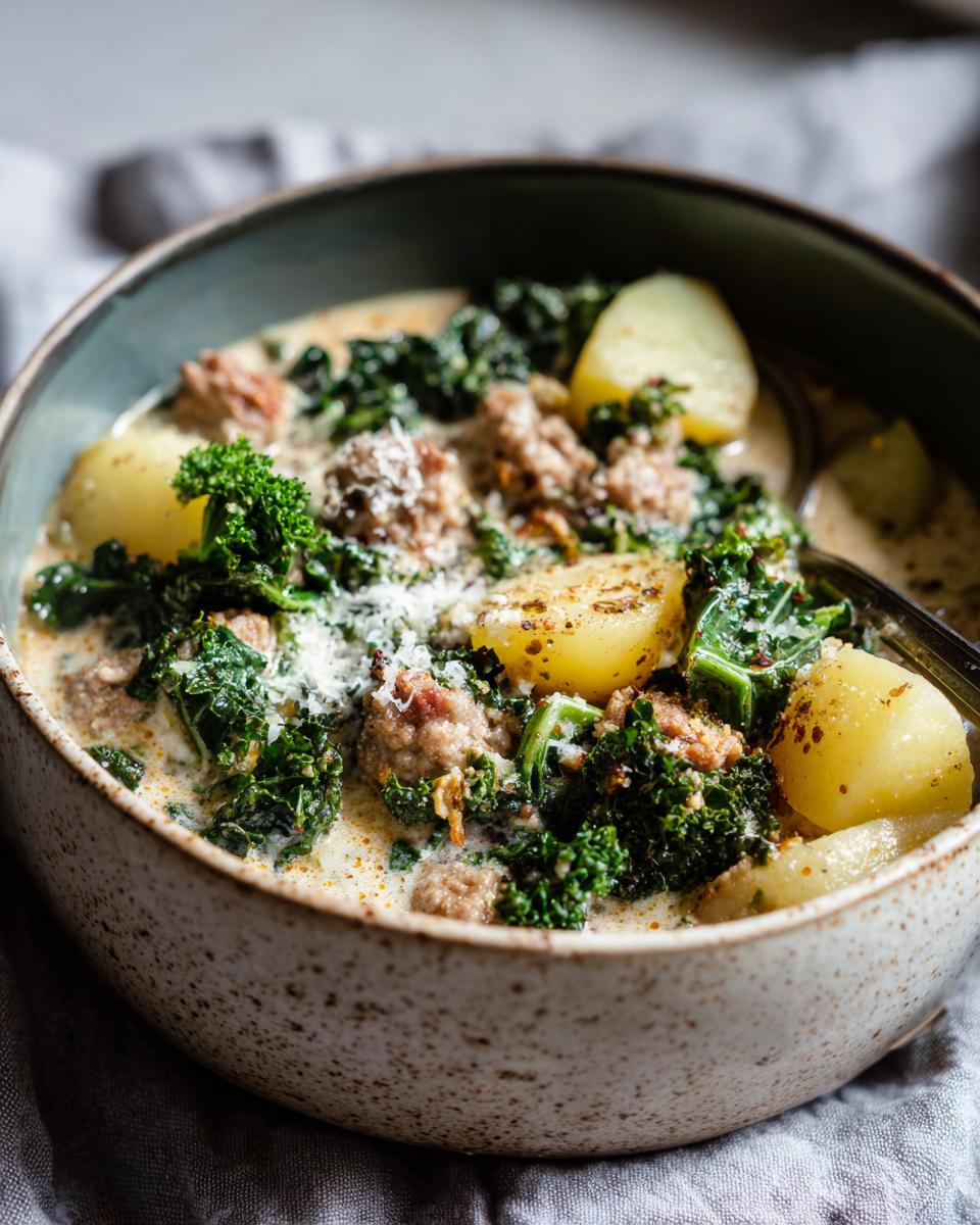 A close-up shot of a rustic bowl filled with slow cooker zuppa toscana, featuring sausage, potatoes, and kale.