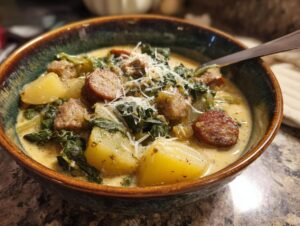 A close-up of a bowl of slow cooker zuppa toscana, featuring sausage, potatoes, and kale in a creamy broth, topped with parmesan cheese.