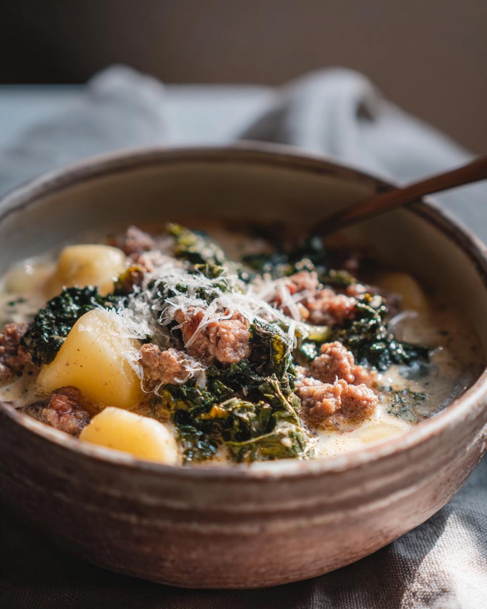 A close-up of a rustic bowl filled with slow cooker zuppa toscana, featuring sausage, kale, and potatoes, topped with grated Parmesan.