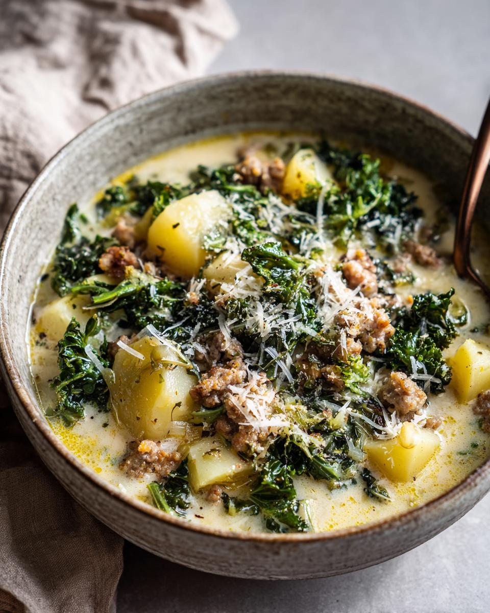 A close-up of a rustic bowl filled with slow cooker zuppa toscana, featuring sausage, potatoes, and kale, topped with grated Parmesan.