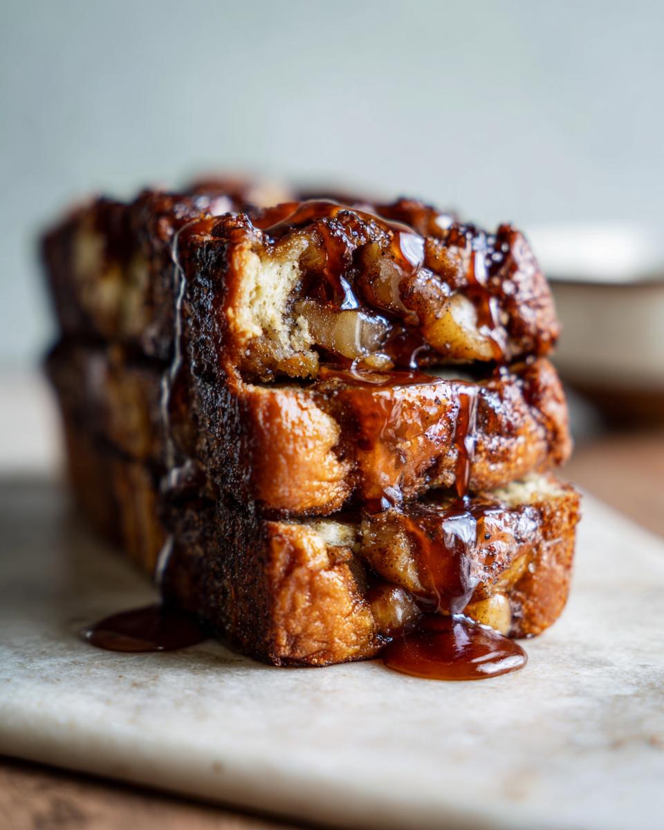 A close-up of stacked sourdough apple fritter focaccia slices, generously drizzled with a rich, glossy glaze.