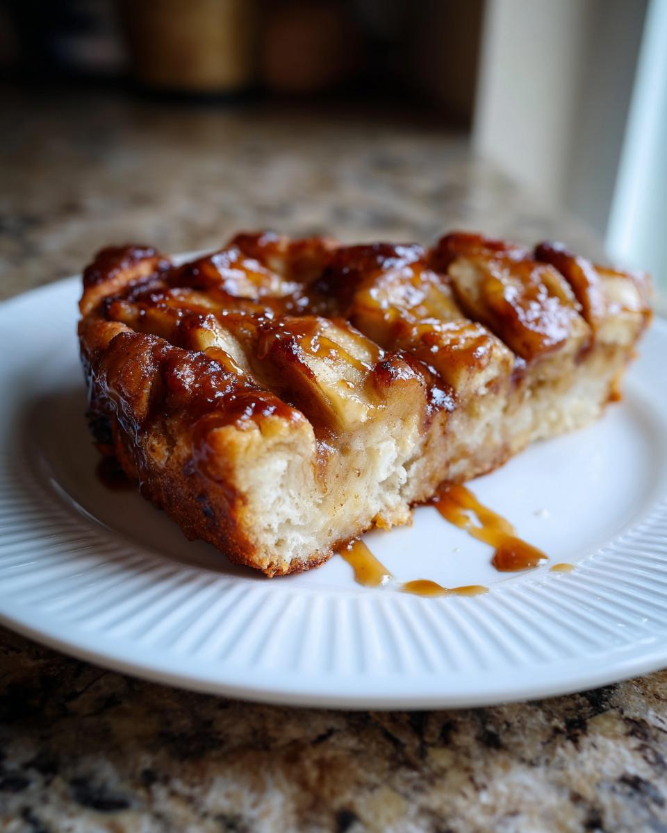 A close-up of a slice of sourdough apple fritter focaccia on a white plate, drizzled with caramel sauce.
