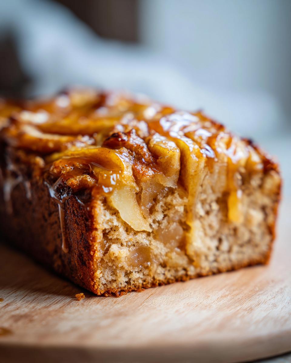 A close-up of a slice of sourdough apple fritter focaccia, drizzled with caramel sauce.