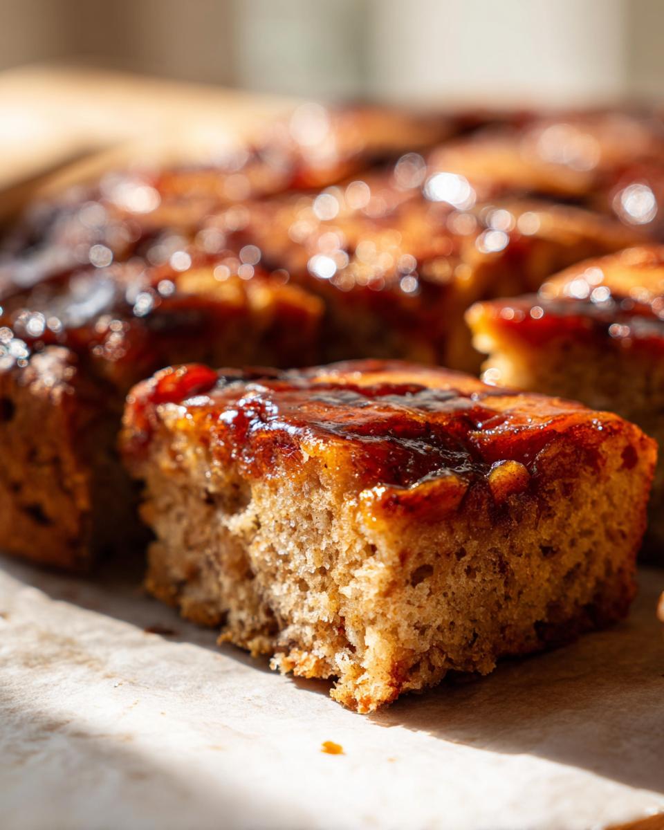 A close-up of a slice of sourdough apple fritter focaccia, showcasing its moist crumb and sticky apple topping.