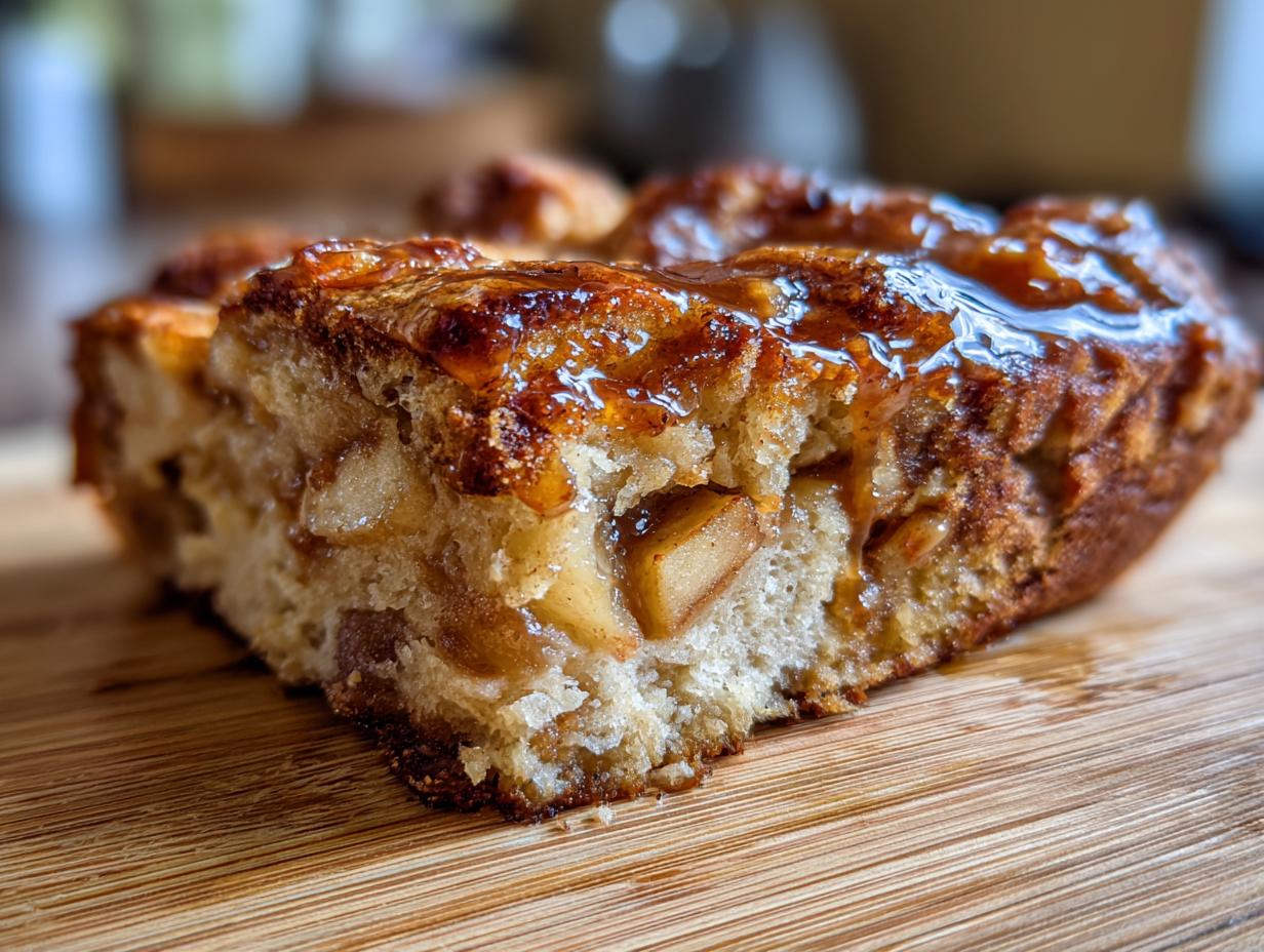 A close-up of a slice of sourdough apple fritter focaccia, showing chunks of apple and a glossy glaze.