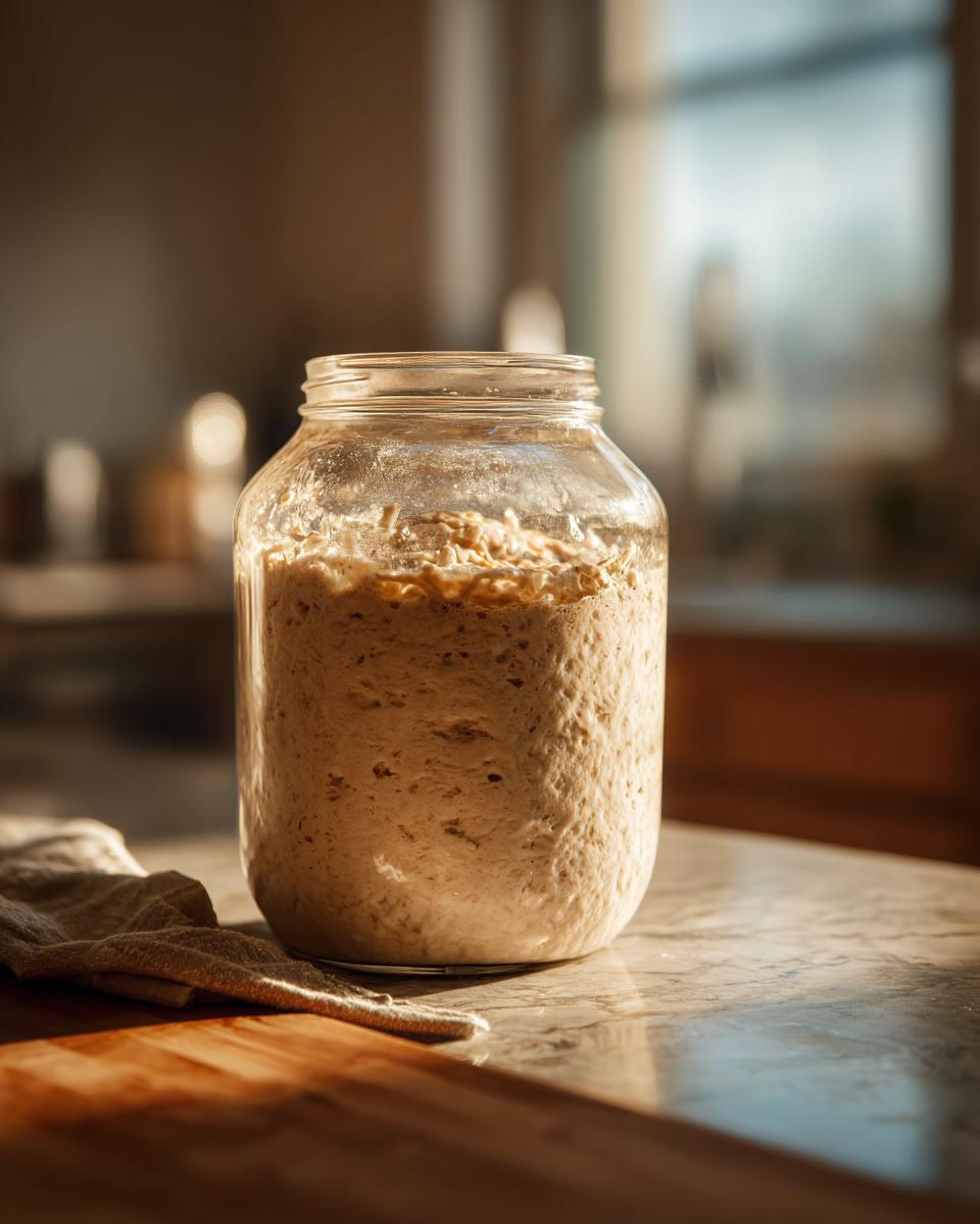 A close-up of a bubbly sourdough starter in a glass jar, showing active fermentation and texture.