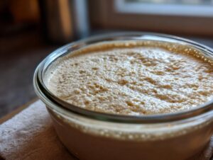 Close-up of a bubbly, active sourdough starter in a clear glass jar, showing its frothy texture.