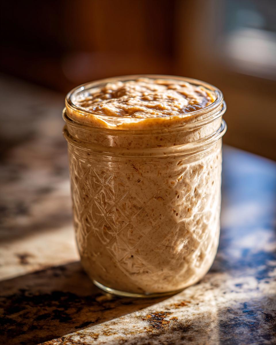 A bubbly and active sourdough starter in a glass jar, showing its texture and rise.