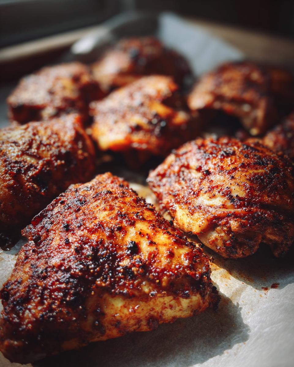 Close-up of perfectly seasoned southern baked chicken thighs on a baking sheet.