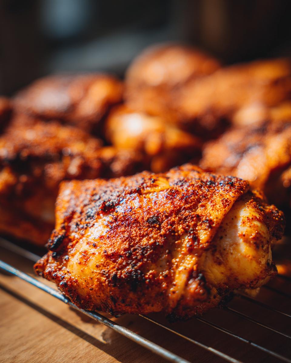 Close-up of perfectly seasoned southern baked chicken thighs resting on a wire rack.
