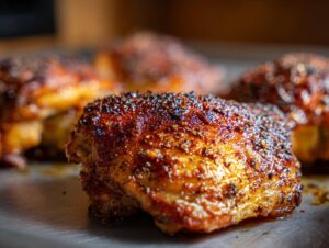 Close-up of perfectly seasoned southern baked chicken thighs with crispy skin.