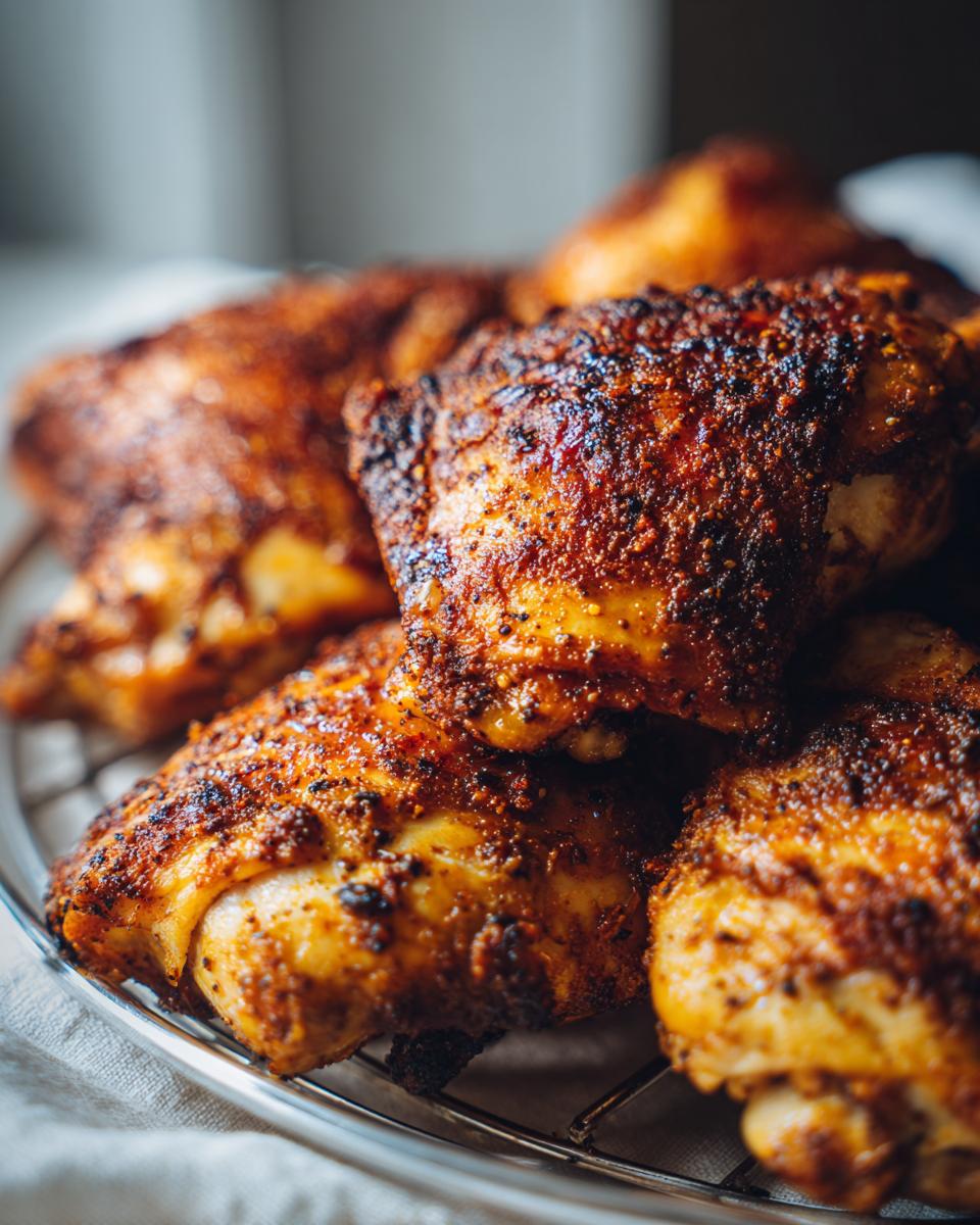 A close-up shot of perfectly seasoned and crispy southern baked chicken thighs piled on a cooling rack.