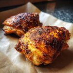 Close-up of two perfectly seasoned and baked southern chicken thighs with crispy skin.