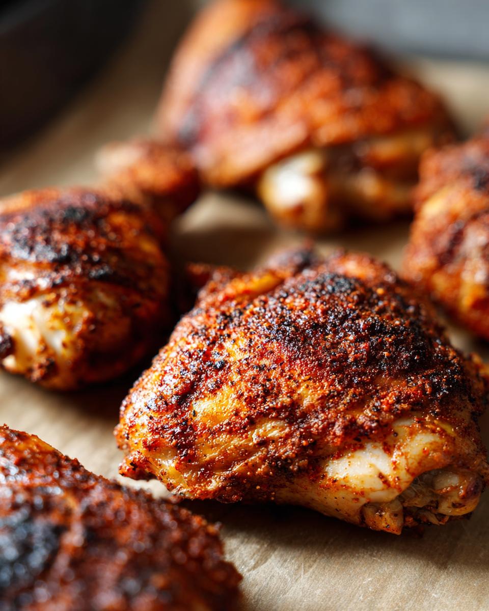 Close-up of crispy, seasoned southern baked chicken thighs on parchment paper.