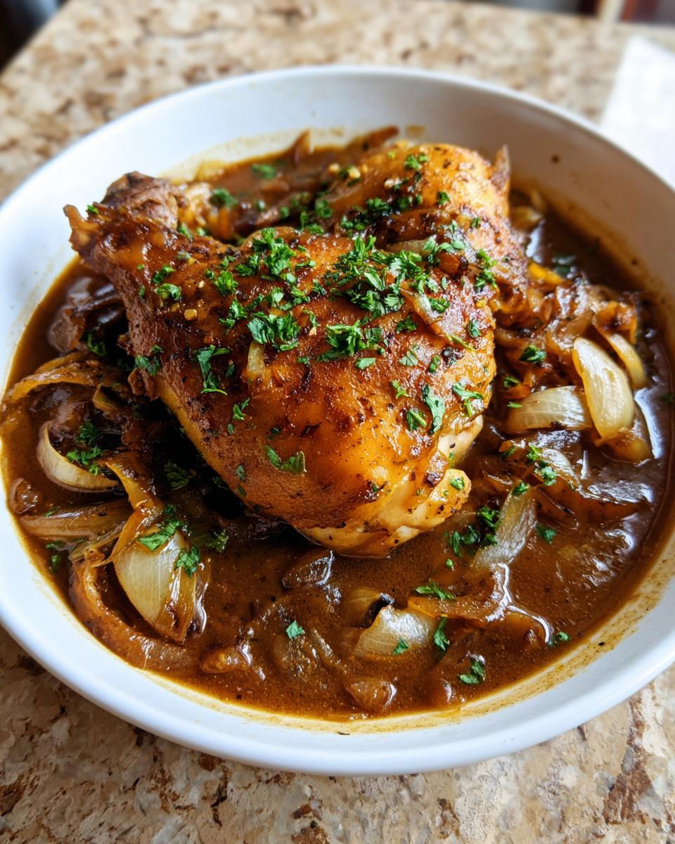 Close-up of tender southern smothered chicken in a rich brown gravy with onions and parsley.
