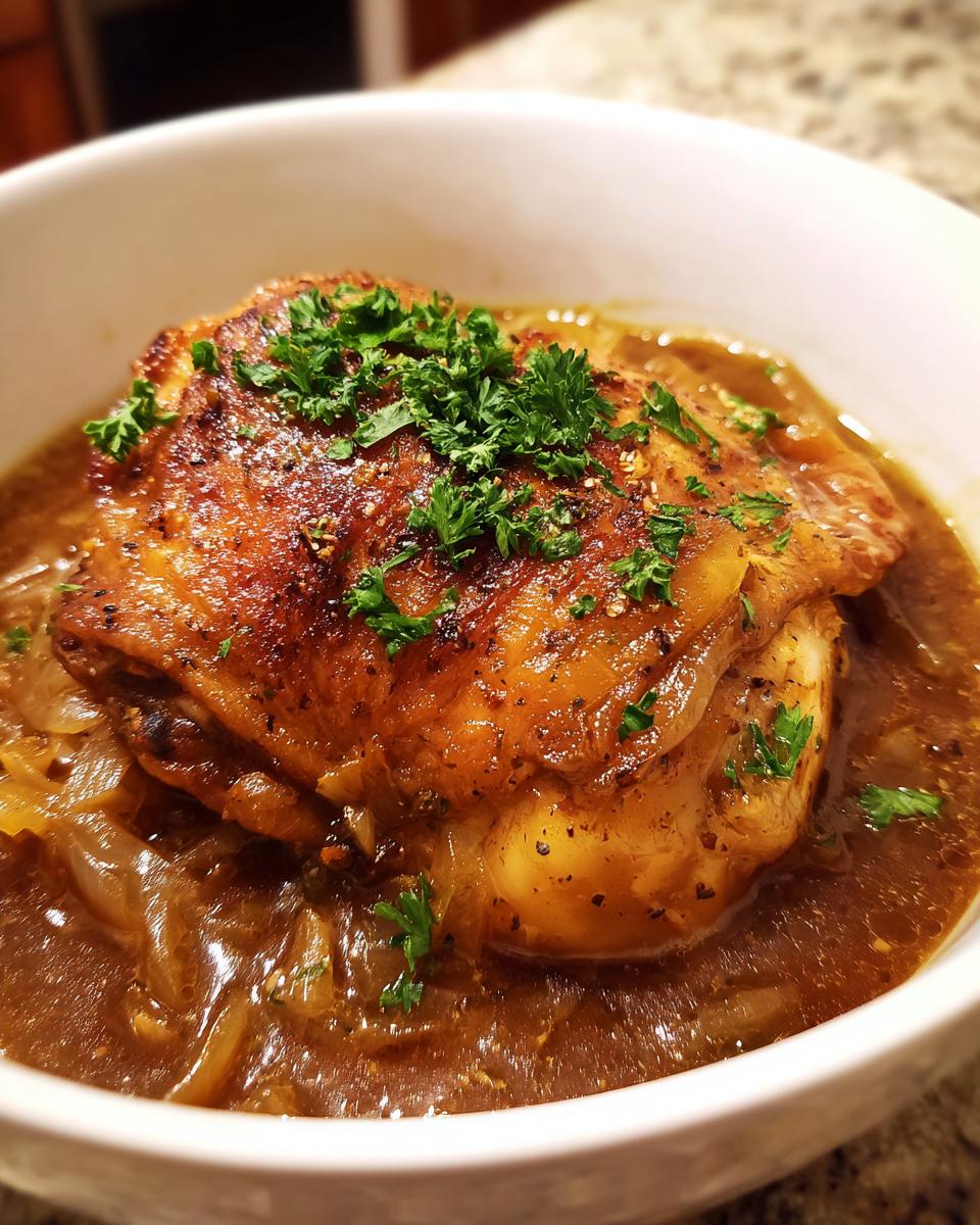 A close-up of a piece of golden-brown southern smothered chicken in a rich gravy with onions and parsley.