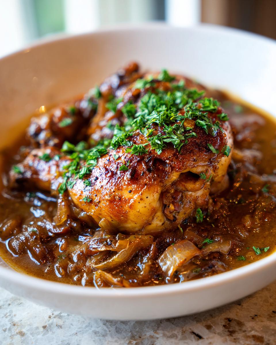 A close-up of tender southern smothered chicken pieces served in a rich, savory gravy with caramelized onions.