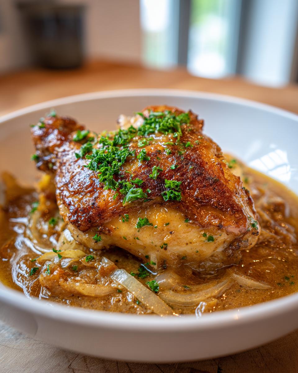 A close-up of a piece of golden-brown southern smothered chicken in a rich gravy with onions and parsley.
