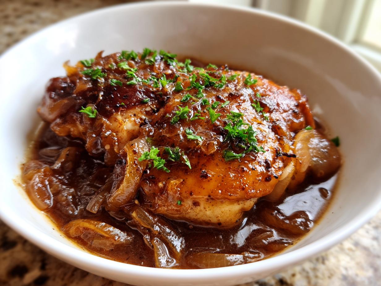 Close-up of tender southern smothered chicken in a rich, savory gravy with caramelized onions and fresh parsley.