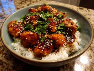 A bowl of fluffy coconut rice topped with glazed spicy maple chicken and garnished with sesame seeds and cilantro.