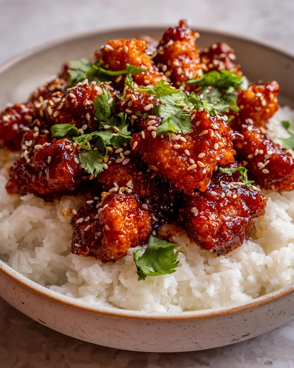 A bowl of fluffy white coconut rice topped with glistening, glazed spicy maple chicken pieces and garnished with sesame seeds and cilantro.